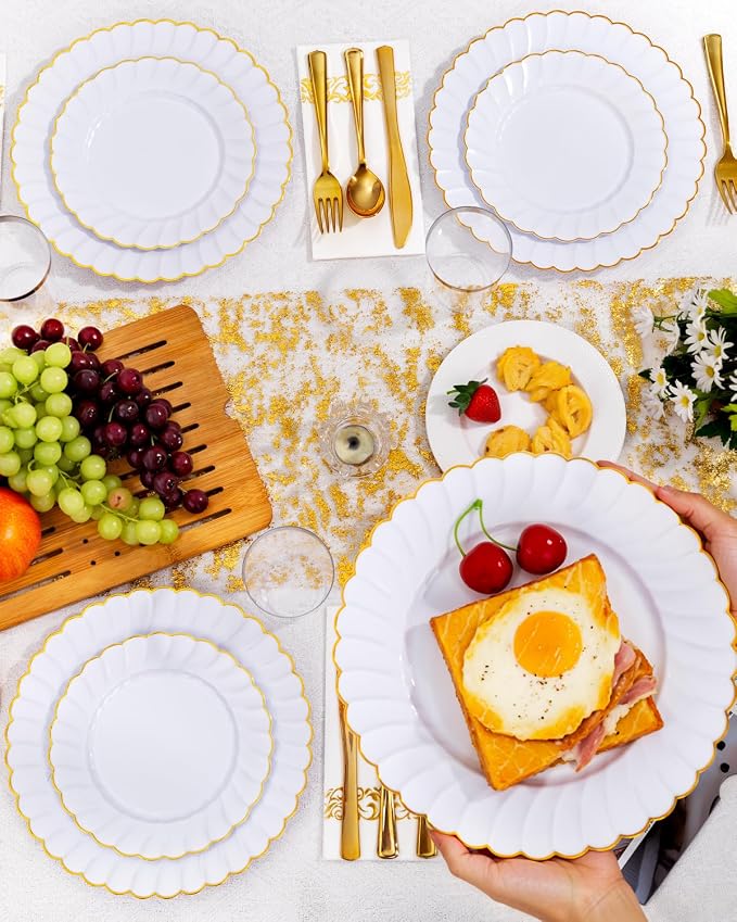 YOUBET 175PCS White and Gold Scalloped Plastic Plates for Party Wedding | White and Gold Disposable Dinnerware Set Include 50 Plates, 75 Gold Silverware, 25 Cups, 25 Napkins