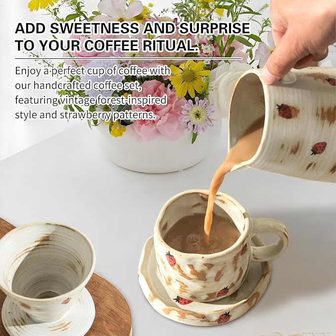 Handcrafted Pour Over Coffee Maker Set with Coffee Cup with Strawberry Pattern 20 Count Paper Filter V60 Drip Coffee Maker 20 oz Coffee Dripper (Strawberry)