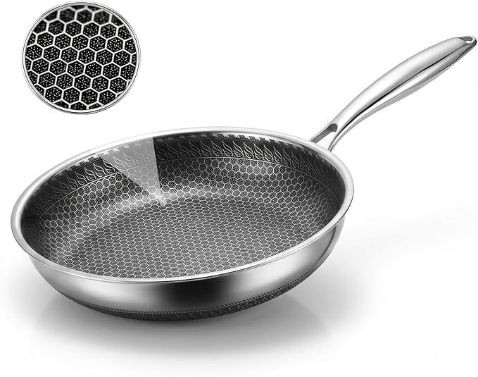 8 Inch Honeycomb Stainless Steel Nonstick Frying Pan Skillet | PFAS PFOA PTFE Free, Metal Utensil Safe, Scratch-Proof, All Cooktops Compatible, Dishwasher & Oven Safe Fajita Cooking Pan