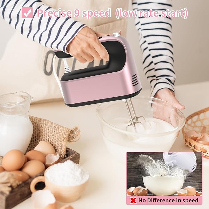 Yomelo 9-Speed Digital Hand Mixer Electric, 400W Powerful DC Motor, Hand Mixer Electric Handheld with Snap-On Storage Case, 5 Stainless Steel Accessories, Beaters, Dough Hooks, Whisk(Rose Gold)