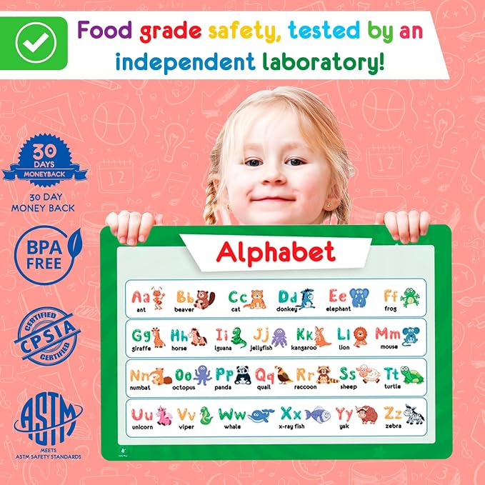 Simply Magic 5 Educational Placemats for Kids – Kids Placemats Non Slip | Washable Reusable Plastic Place Mats for Toddler, Alphabet ABC, Shapes, Colors, Numbers, Solar System Learning Place Mats