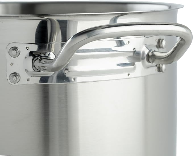 Winco Silver 8 qt Stainless Steel Stock Pot with Cover | Dishwasher safe, Heavy-duty, Tri-ply construction, Riveted handles, Wide base, Great for Stocks, Soups and Batch Cooking