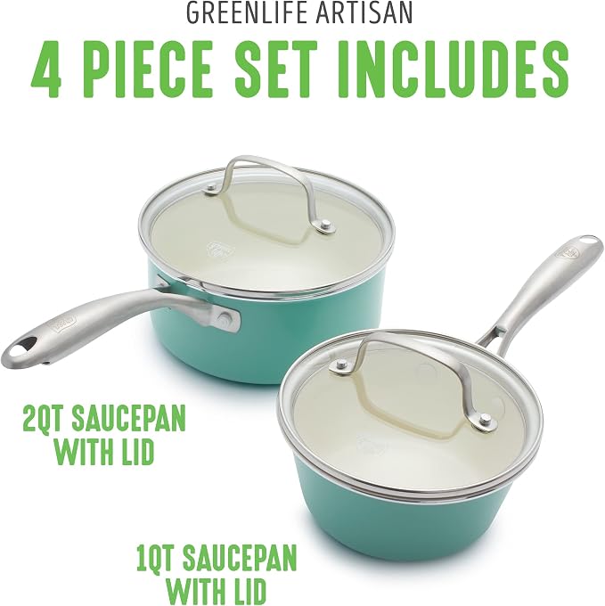 GreenLife Artisan Healthy Ceramic Nonstick, 1QT and 2QT Saucepan Pot Set with Lids, Stainless Steel Handle, Induction, PFAS-Free, Dishwasher Safe, Oven Safe, Turquoise