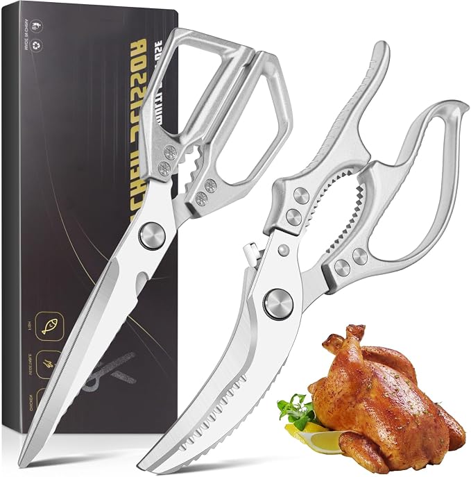 2 Pack Kitchen Shears, Heavy Duty Poultry Shears with Non-Slip Handle & Safety Lock, Spring Loaded, All Purpose Kitchen Scissors for Food, Meat Cutting, Chicken, Fish, Vegetables