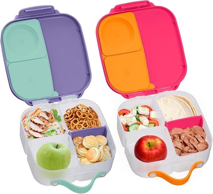 b.box Mini Lunch Box 2-Pack, Snack Containers for Kids, Lunch Box Kids | Bento Box for Kids, Snack Box Lunch Containers, Leakproof, Dishwasher Safe, PFAS + BPA Free, Ages 3+ — Strawberry + Lilac