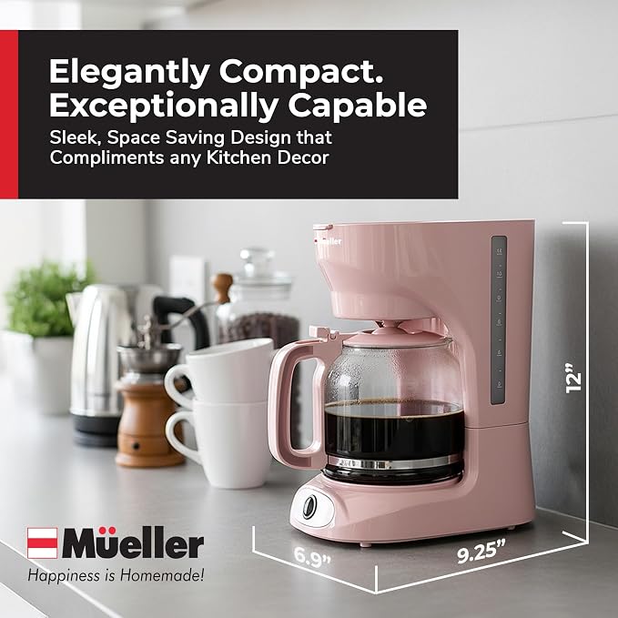 MUELLER HOME 12-Cup Pink Coffee Maker | Borosilicate Carafe, Auto-Off, Reusable Filter, Anti-Drip, Keep-Warm Function
