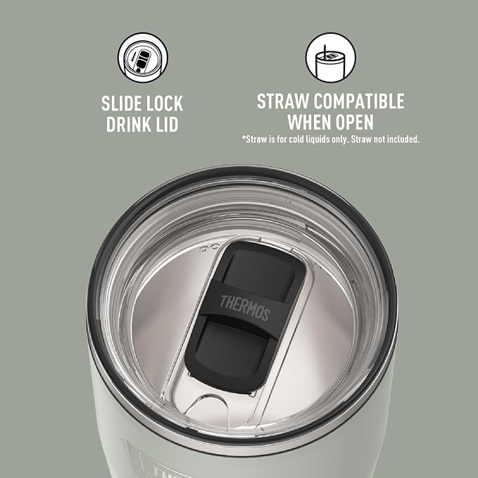 THERMOS Icon Series 24oz Stainless Steel Tumbler with Slide Lock Lid, Leakproof, Fits Cupholder, Dishwasher Safe, Griptec™ Non‑Slip Base, Keeps Drinks Hot 6 Hrs/Cold 22 Hrs, River Rock