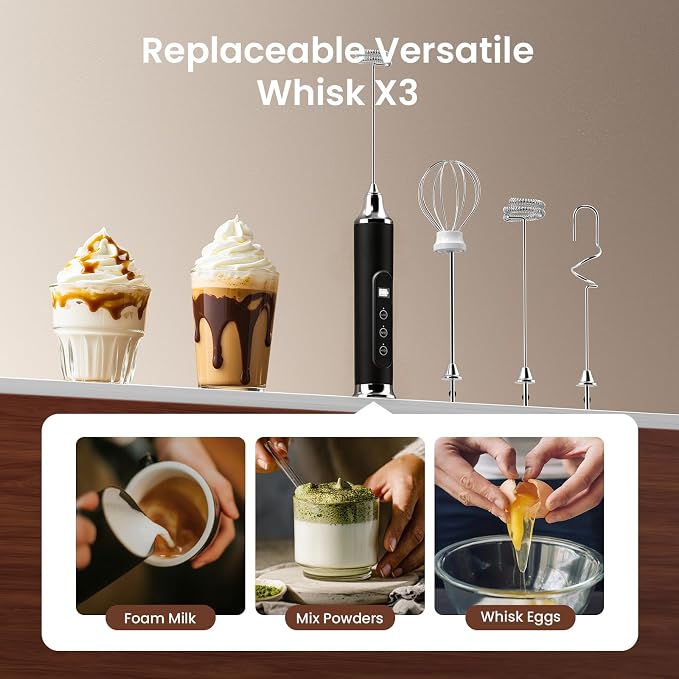 YUSWKO Milk Frother Wand for Coffee, Coffee Frother Handheld Drink Mixer | Rechargeable Mixer Wand, Waterproof Electric Whisk for Protein Powder, Lattes, Cappuccino, 3 Variable Speeds 3 Whisks, Black