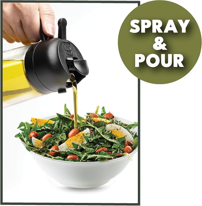 Olive Glow Cooking Oil Dispenser, 400 mL 2-in-1 Spray & Pour Glass Bottle, Leakproof & Refillable for Air Frying, Roasting, Grilling, Fine Mist for Salads, Works with All Types of Cooking Oils