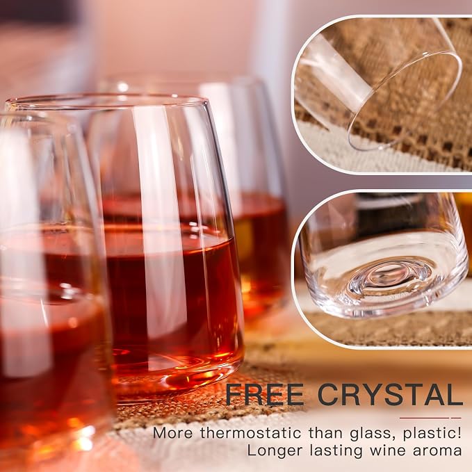 Stemless Wine Glasses Set of 6-15oz【Hand-Blown】 Durable Red White Wine Glasses,Unique Crystal Gifts for Him/Her for Wedding, Birthday,Father's Day