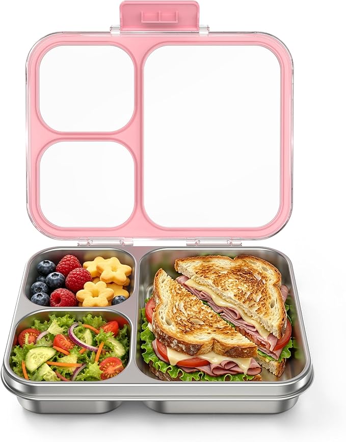 HOMEKOL Stainless Steel Bento Lunch Box 3-Compartment, 4.2Cups, Pink | Leak-Proof Metal Lunch Container for Kids & Adults, BPA-Free, Dishwasher Safe, Clear Tritan Lid, 1000ml (Not Insulated)