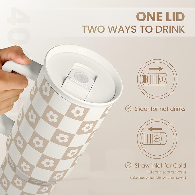 SANDJEST Checker Tumbler with Handle and Straw 40oz – Stainless Sleel Slider Tumbler Travel Coffee Mug for Women - Gift Idea for Birthday Christmas