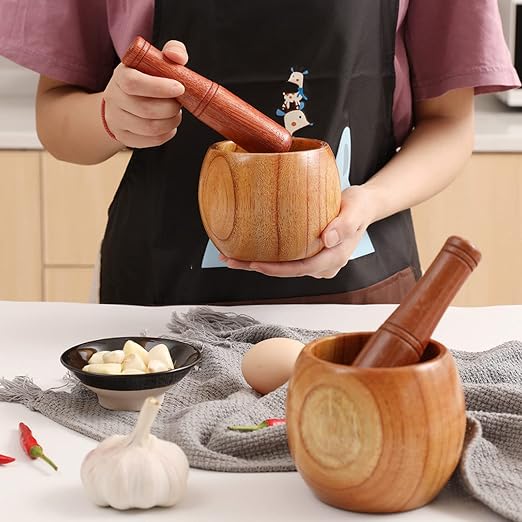Wood Pestle and Mortar Bowl Set Guacamole Bowl Shell Garlic Pepper Press Mincer Grinder Chopper Crusher Molcajete Mix Kitchen Tool - Natural Wood