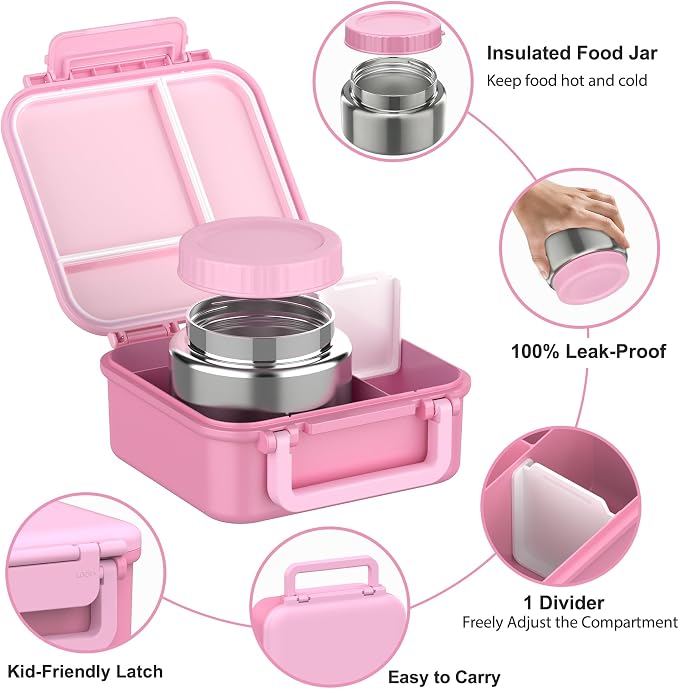 Kids Bento Lunch Box with Soup Thermo (9oz)– Hot & Cold Lunch Container with Leak Proof Insulated Food Jar for School Girls Boys, Ideal Size for Ages 3 to 7, Pink