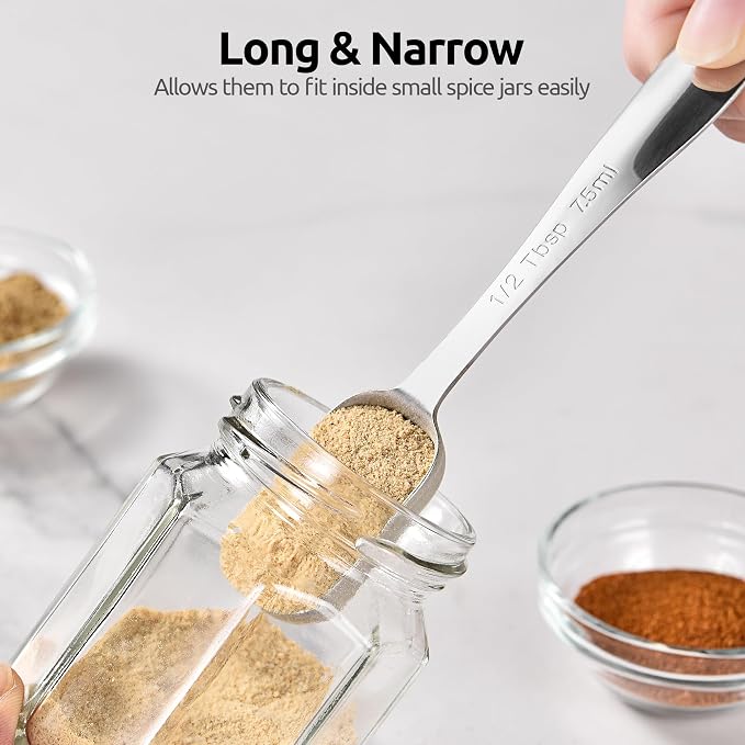 U-Taste Narrow Square Measuring Spoons, Metal Measure Set of 7 with Leveler | Long Handle Rectangular Teaspoon Tablespoon, 18/8 Stainless Steel Polygons Measure Spoon Set, Narrow Scoop for Spice Jars