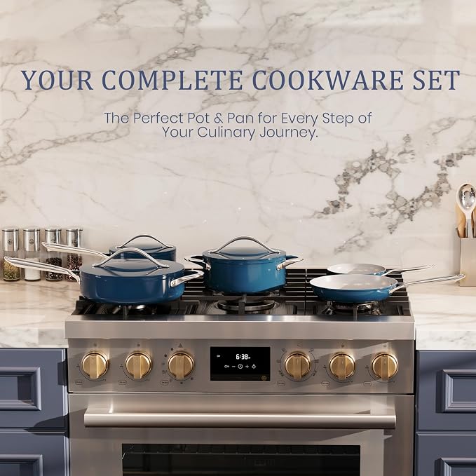 CookinCraze Premium Ceramic Sauté Pan with Lid, 4.5 QT Nonstick Deep Pan | for Healthy Everyday Cooking, PFAS & PTFE Free, Induction Compatible, Oven Safe up to 500°F, Stay-Cool Handle, Navy Blue