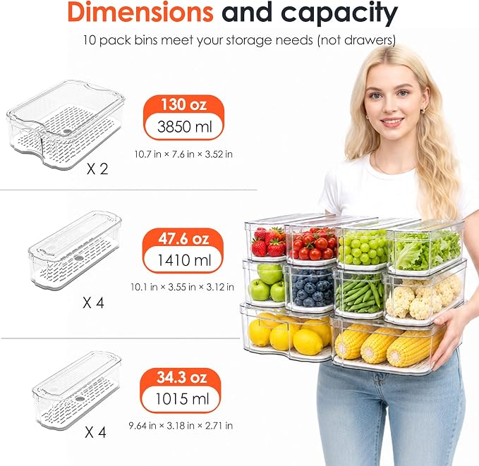 SMRCAD Clear Fridge Bins with Drain Trays - BPA-Free PET, Stackable | 10 Pack: 10 lidded Bins, Helps Keep Produce Fresh, 17.4L Capacity, Hand Wash Only