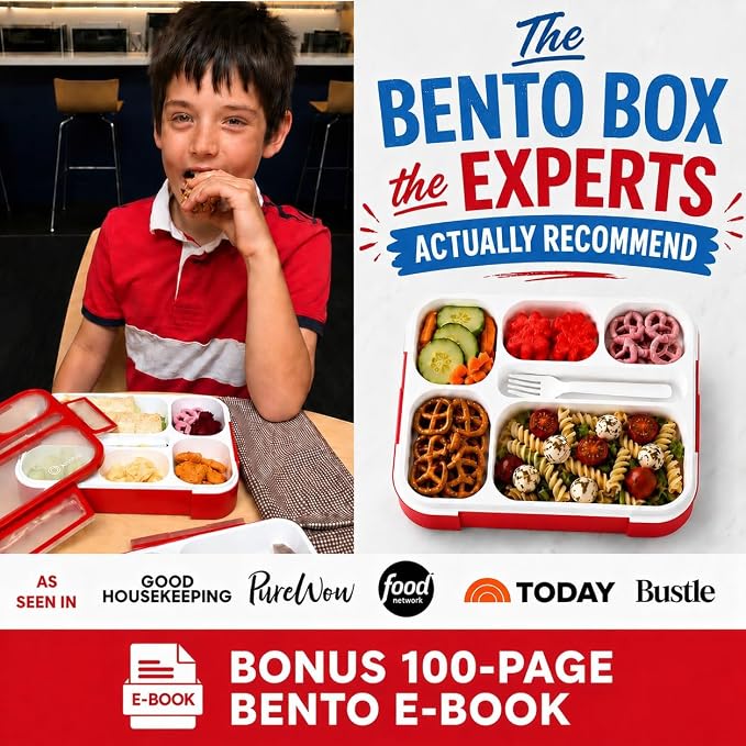 kinsho Bento Box Kids Lunch-Box, Snack Containers for Toddler Daycare, Leakproof School Bentobox 6 Compartment Container for Boys Girls Adults Lunches, Utensils, Red