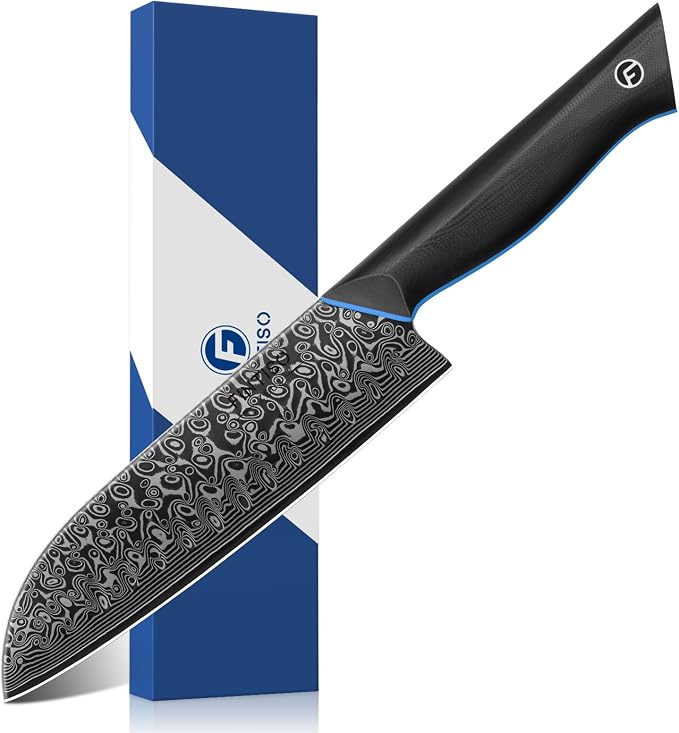 Santoku Knife 7 Inch, 67-Layer Damascus Steel Chef Knife with G10 Handle | Professional Kitchen Knife with Ergonomic Full-Tang Handle, Super-Sharp Japanese Damascus Knife - Zeus Series