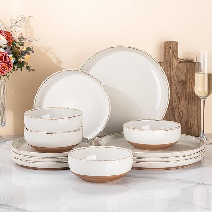 AmorArc Dinnerware Sets for 4, 12 Pieces Ceramic Plates and Bowls Set | Scratch Resistant Stoneware Dishes Set, Dishwasher & Microwave Safe, Light Beige