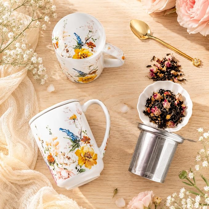 GBhome Tea Mug with Infuser and Lid,18 Ounce Ceramic Loose Leaf Cup Steeper | Lead-Free Glaze For Tea Lovers,Microwave & Dishwasher Safe with Tea Strainer