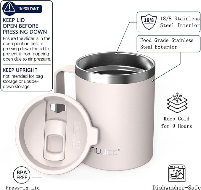 TILUCK 12 oz Insulated Coffee Mug with Lid and Handle | BPA-Free Lid, Double-Wall Vacuum Insulation, Stainless Steel Coffee Cup, Dishwasher Safe Mug for Hot & Cold Drinks,SakuraPink