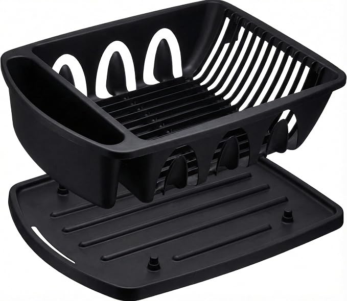 Tribello Sink Dish Drying Rack, Heavy Duty Hard Plastic Drying Rack, Dish Drainer for Kitchen Counter with Drainboard Set, with Silverware Holder - 18 x 13 x 6 (Black) - Made in USA