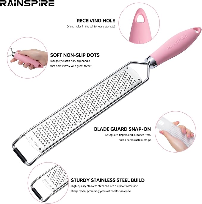 Zester Grater with Handle, Lemon Zester Cheese Grater for Kitchen Stainless Steel, Parmesan Cheese Garlic Nutmeg Chocolate Fruits Vegetables Ginger Grater, Fine (Pink)