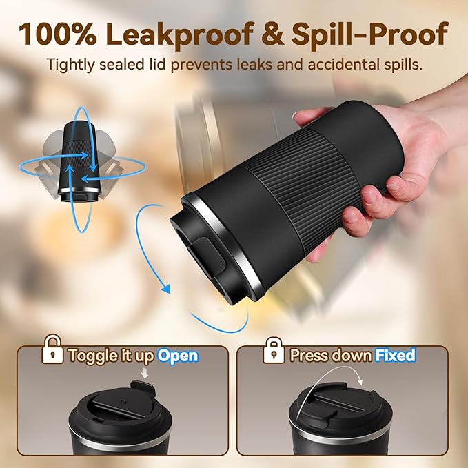 17OZ Travel Coffee Mug Insulated Coffee Cup with Spill Leak Proof Lid, Portable Stainless Steel Tumbler Reusable Hot and Cold Water Mug for Car, Daily, Camping- Black