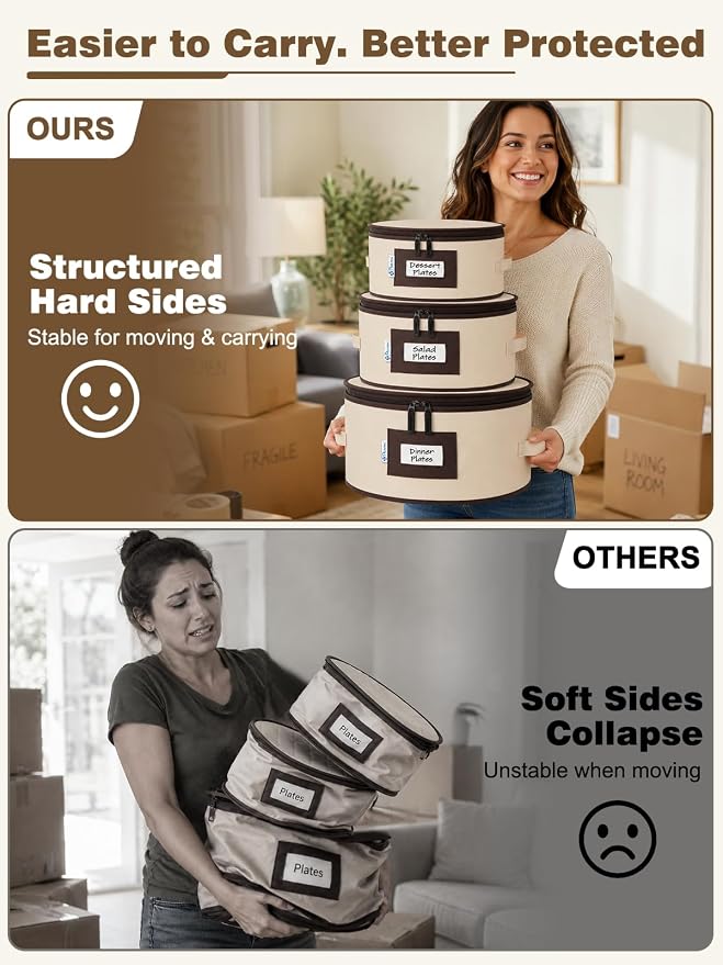China Storage Containers, 4-Pack Hard Shell Plate & Dish Cases for Moving | Padded dividers and quilted lining protect plates and dishes; stackable for moving and holiday storage, beige hold set of 12