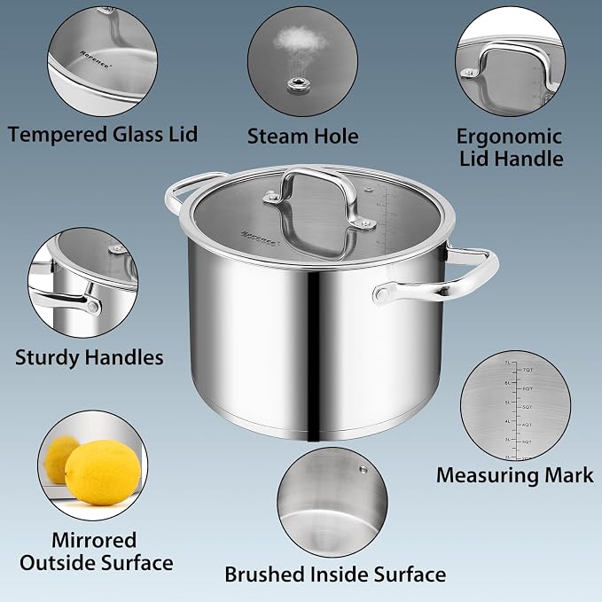 Rorence Stainless Steel Stock Pot, 8-Quart | Tri-Ply Base, Oven & Dishwasher Safe, Induction Cooking Pot