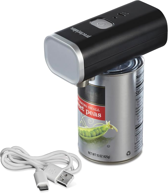 Proctor Silex Hands-Free Cordless USB Rechargeable Electric Can Opener | Automatic Shutoff | Self-Aligning | Smooth Touch Lid Edges | Compact & Easy to Store | Black | 76502