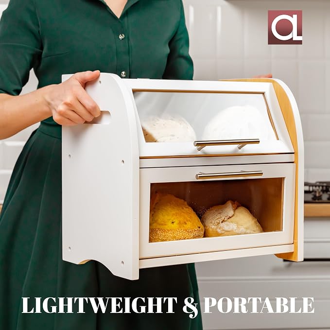 Arise Stylish Bamboo Bread Box for Kitchen Countertop, Extra Large 2-Shelf Wooden Bread Storage Container with Clear Windows and Air Vents Keep Bread, Bagels and Rolls Fresh, Self Assembly | Bread Storage Container with Clear Windows & Air Vents, Bread...