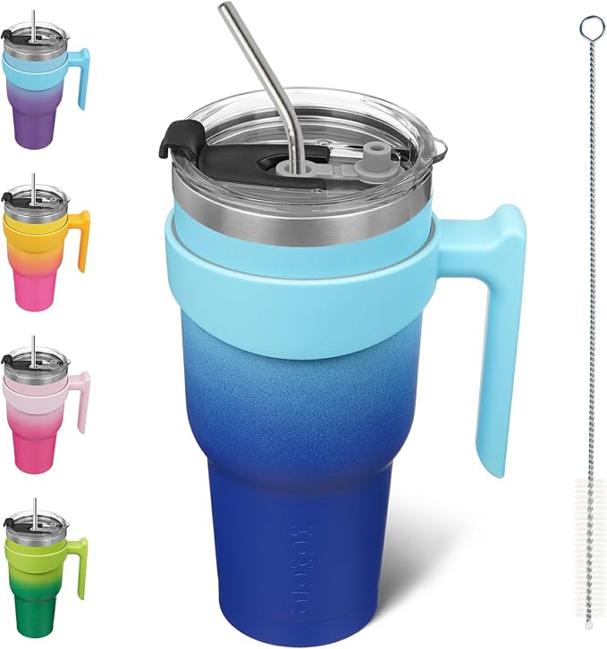 BJPKPK 40 oz Tumbler with Handle & Straw, Insulated Stainless Steel Mug | Double Wall Vacuum, Keeps Hot/Cold, Thermal Cup, BPA Free, Dishwasher Safe, Cupholder Fit, Coffee & Travel, Sky