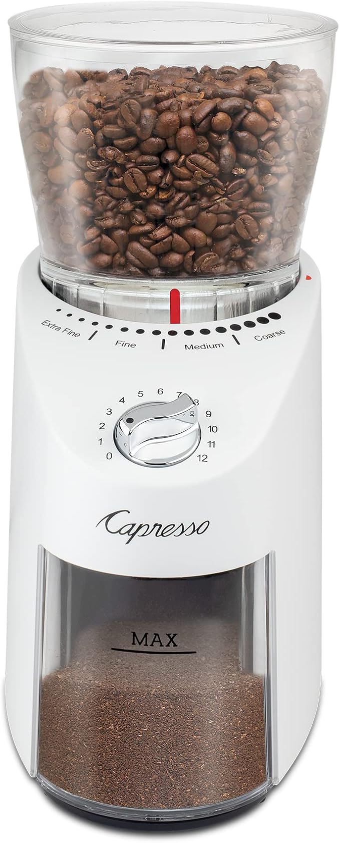 Capresso Infinity Plus Conical Burr Grinder, White | Commercial-grade steel burrs, 16 settings, low-speed gear motor