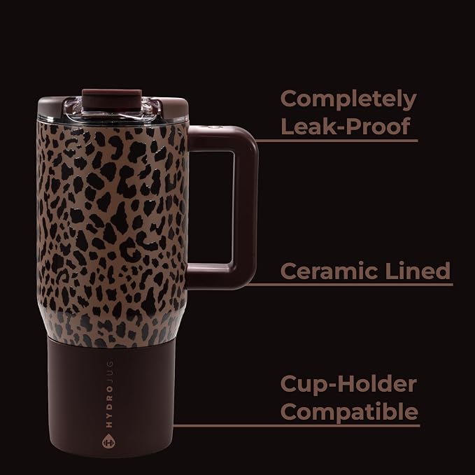 HydroJug Coffee Traveler 20oz Ceramic-Lined Mug with Handle, Brown Leopard