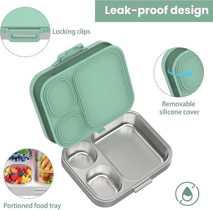 Pawtong Stainless Steel Bento Lunch Box for Kids | 3-Compartment Lunch Box Container Kids | 100% Leakproof, Eco-Friendly, Perfect Portion Control for Kids&Adult Healthy Meals (Green)