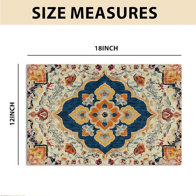 Vintage Boho Placemats, Deep Navy Blue Orange Flowers Bohemia Table Mats | Washable Heat Resistant Linen Fabric Place Mats for Kitchen Home Party Dining Decoration, Christmas Festiva Decoration