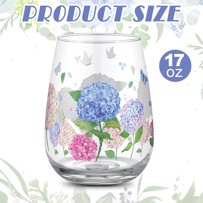 2 Pcs Floral Stemless Wine Glasses, Blue Hydrangea 17oz | Flower Butterfly Tumbler Cups Gifts, Summer Drinking Cups Glasses, for Women Men Party Supplies Kitchen Decorations