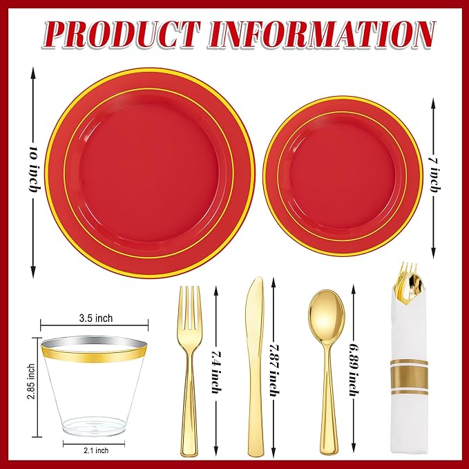 350Pieces Red Plastic Plates with Gold Rim Include 50Dinner Plate 10inch 50Dessert Plate 7inch 50 gold Cups 9 OZ, 50 Pre Rolled Napkins for Wedding/Birthday/Christmas/Party