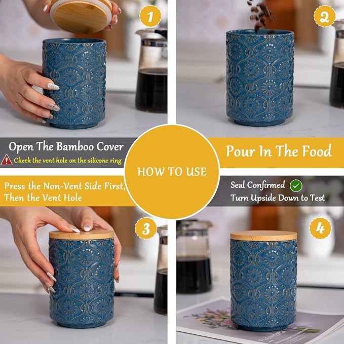 TEATALK Embossed Ceramic Canister, Stylish Airtight Storage for Kitchen, Coffee, Tea, Sugar, 23 Fl Oz, Darkblue