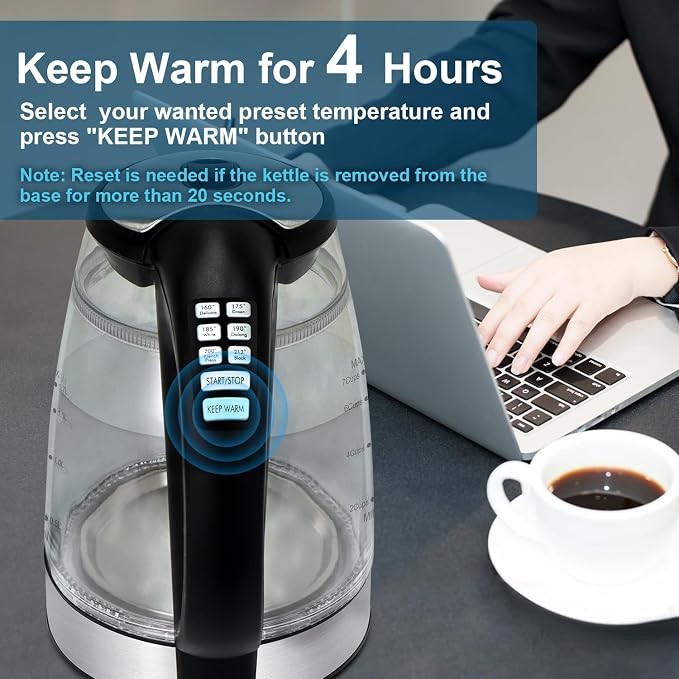 Cool Touch Electric Kettle with 6 Temp Presets for Tea/Coffee | 4H Keep Warm, Borosilicate Glass Inner Wall and PC Outer Wall, BPA free, 1.7L 1500W Fast Boil for Home/Office