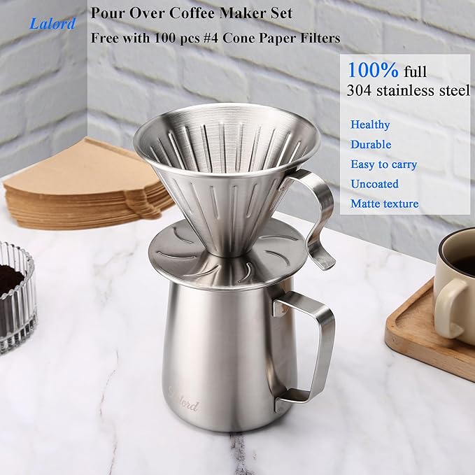 Lalord Pour Over Coffee Maker, 304 Stainless Steel wIth 100 pcs Paper Filters & 600ml Milk Frothing Pitcher, for Home & Camping