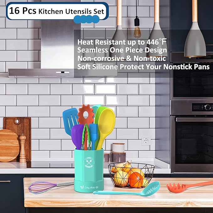 Silicone Kitchen Utensils Set, 16-Piece Silicone Cooking Utensils by Deedro | Heat Resistant Kitchen Tools Set with Holder, Nonstick Spatula Kitchen Gadgets for Cooking & Baking, Colorful