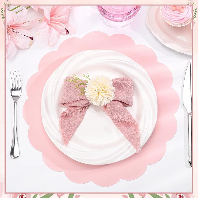 60 Pcs Light Pink Paper Placemats, 13.5 Inch Disposable Scalloped Placemat | Round Table Place Mats Decorative Paper for Girls Birthday Wedding Bridal Shower Baby Shower Banquet Tea Party