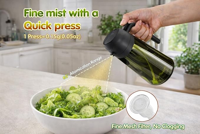 Oil Sprayer for Cooking, 2 in 1, Olive Oil Dispenser Bottle for Kitchen, 16oz/473ml, Premium Dark Green Glass Oil Bottle, Oil Sprayer for Air Fryer, Salad, Frying, BBQ. (Black) (Green)