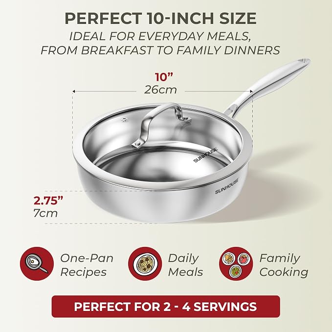 Sunhouse Stainless Steel Frying Pan 10 Inch | 18/8 3-Ply Clad Skillet with Stay Cool Handle, Oven and Dishwasher Safe, Induction Compatible
