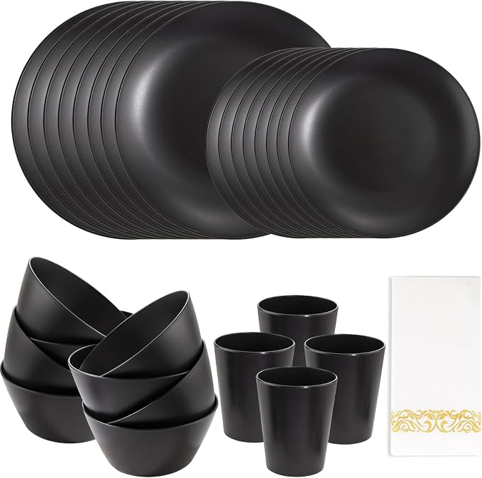 32pc Reusable Black Wheat Straw Dinnerware Sets Black Dishes for 8 | Unbreakable dishes set includes plates, bowls, cups, and napkins. Lightweight, stackable, and dishwasher safe for outdoor use
