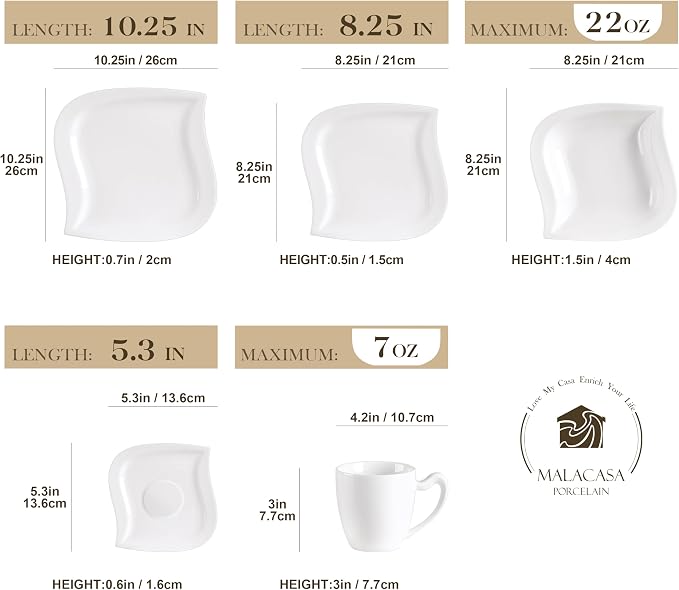 MALACASA 30 Piece Porcelain Dinnerware Set, Ivory White for 6 | Complete with Plates, Bowls, Cups, Saucers, Microwave Oven and Dishwasher Safe Porcelain, Modern Square Design, Service for 6