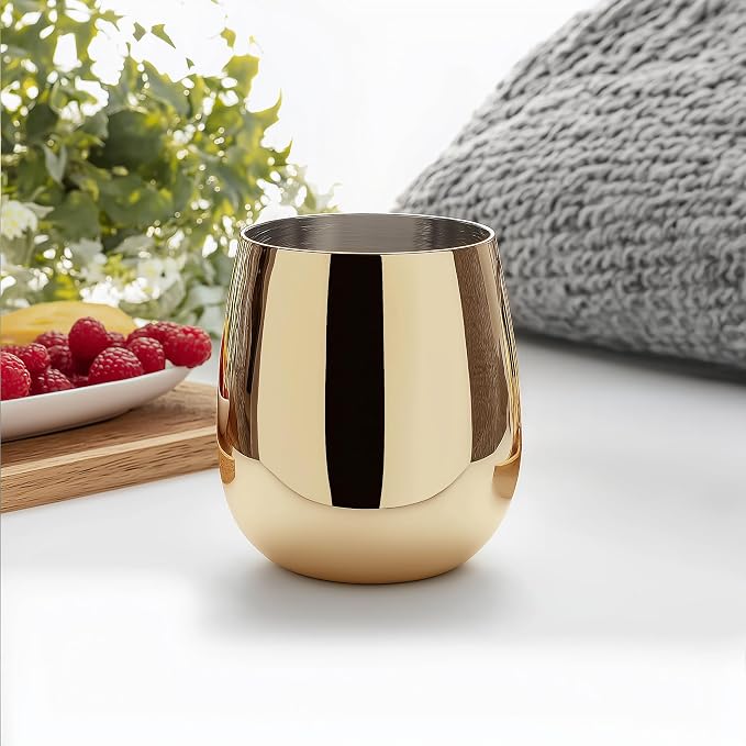 K&K Home Gold Stainless Steel Unbreakable Gold Stemless Wine Glasses - 15 oz - Set of 4 Colored, Stemless Metal Wine Glasses Perfect for Outdoors, Weddings, and Parties